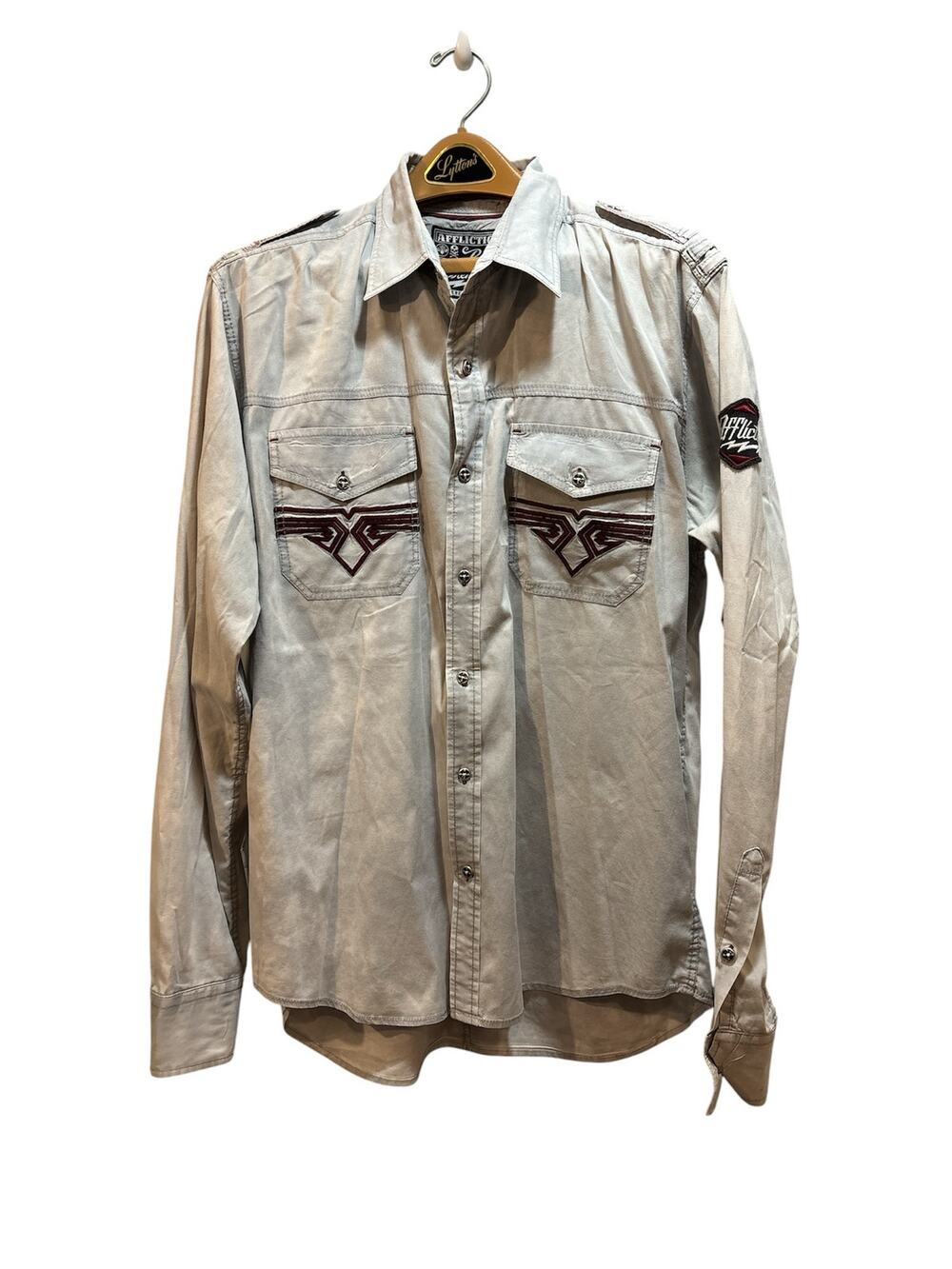 Affliction black premium men’s large gray embroidered button up shirt